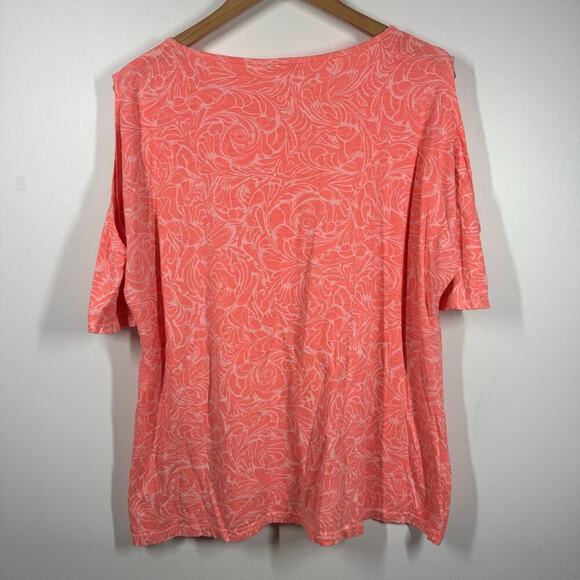 Fresh Produce Top Women XL Peach Coral  Short Sleeve Cold Shoulder Spring Floral - Picture 2 of 6